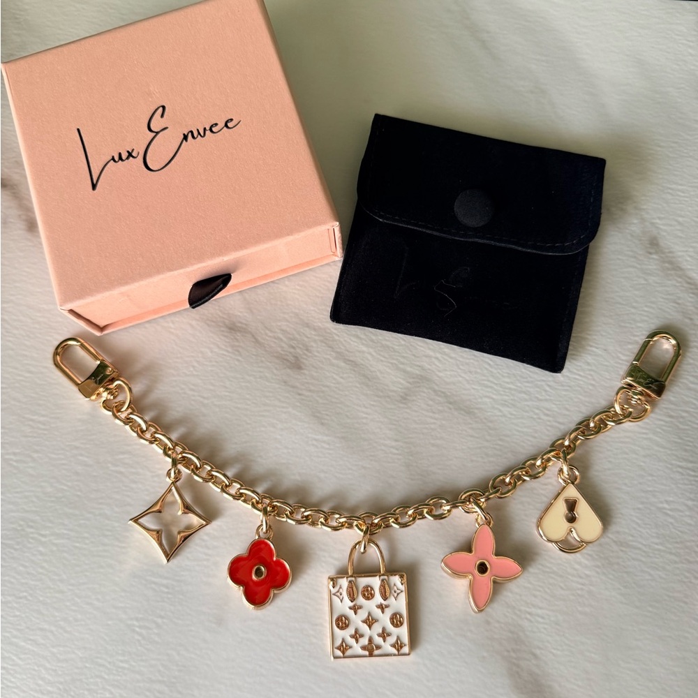 Lux Envee Gold Bag Charm with Pink & Red Enamel Charms